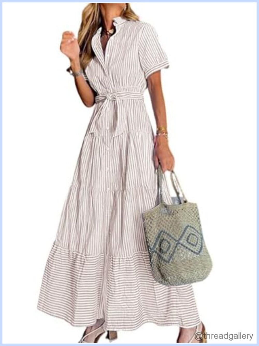 Womens Button Down Tie Waist Ruffled Striped Maxi Shirt Dress Short Sleeve - Picture 1 of 6